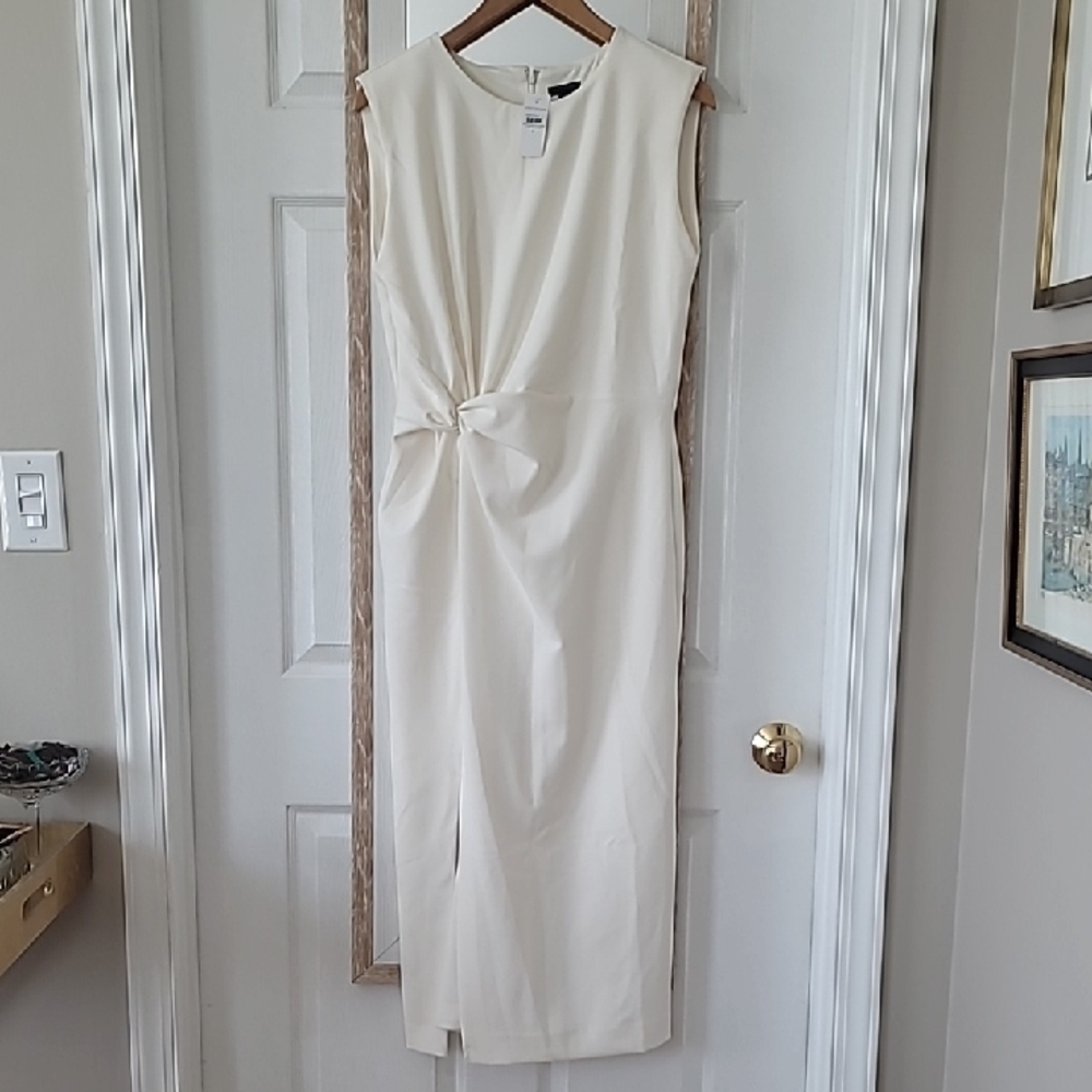 Ann Taylor Cream Twist-Front Sleeveless Midi Dress